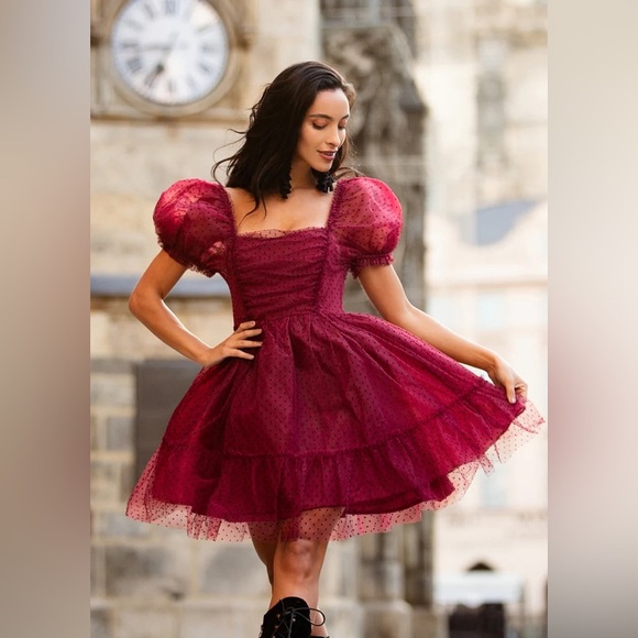 NEW Burgundy Polka Dot Puff Dress - Picture 1 of 4